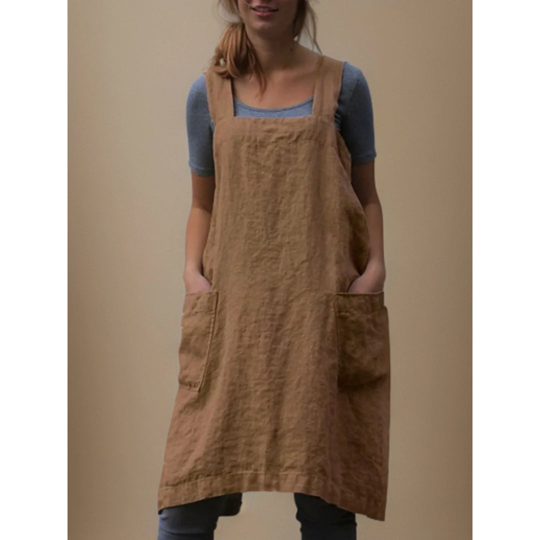 Abito Grembiule Donna in Lino Casual con Tasche