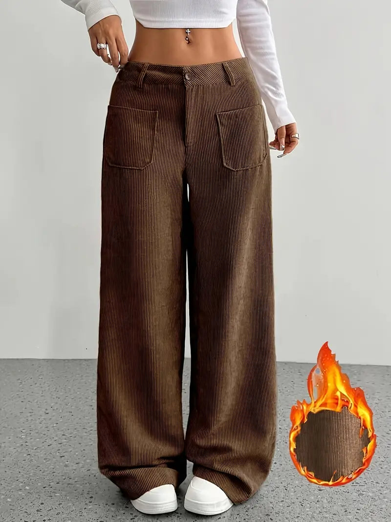 Pantaloni Donna a Coste Vita Alta Gamba Larga
