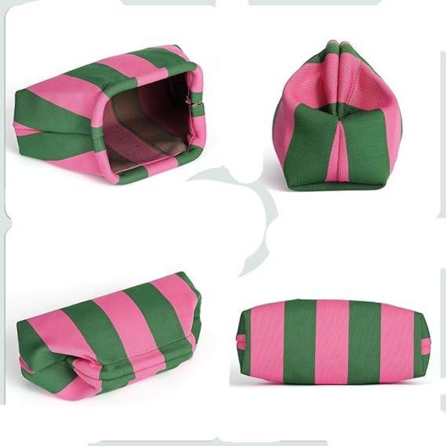 Borsa a righe rosa e verdi, design moderno, vista da diverse angolazioni. Accessorio moda elegante, perfetto per ogni occasione.