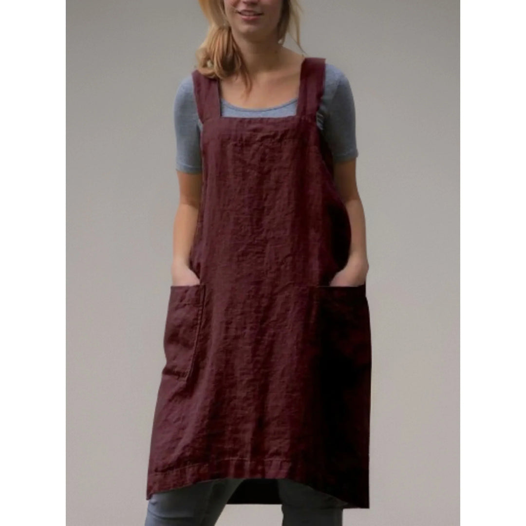 Abito Grembiule Donna in Lino Casual con Tasche