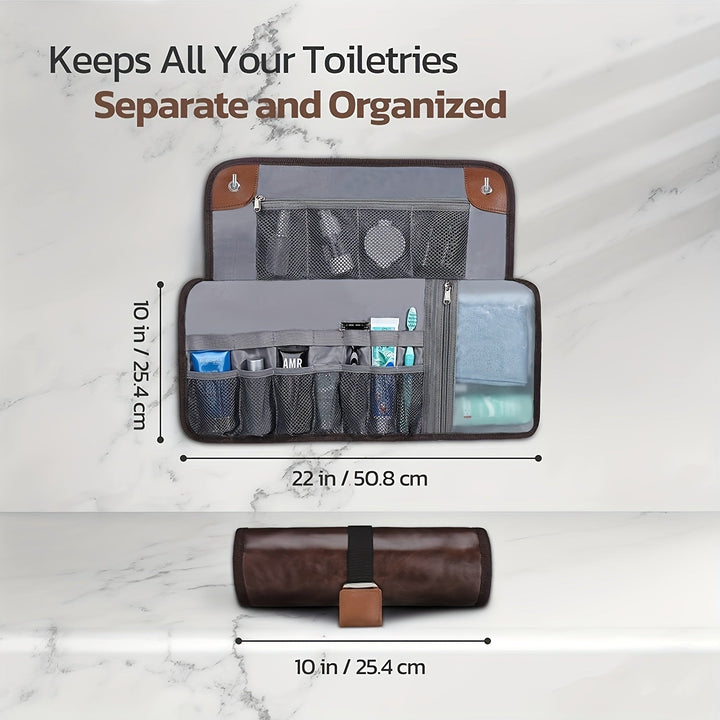 Astuccio da viaggio per articoli da toeletta, aperto e chiuso, con scomparti multipli, dimensioni 22x10 pollici, design elegante in pelle marrone.