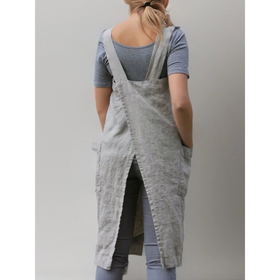 Abito Grembiule Donna in Lino Casual con Tasche