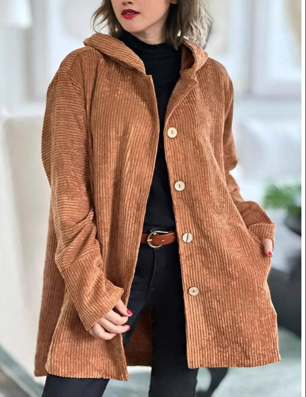 Giacca Donna in Velluto a Coste con Cappuccio Maglione Casual Media