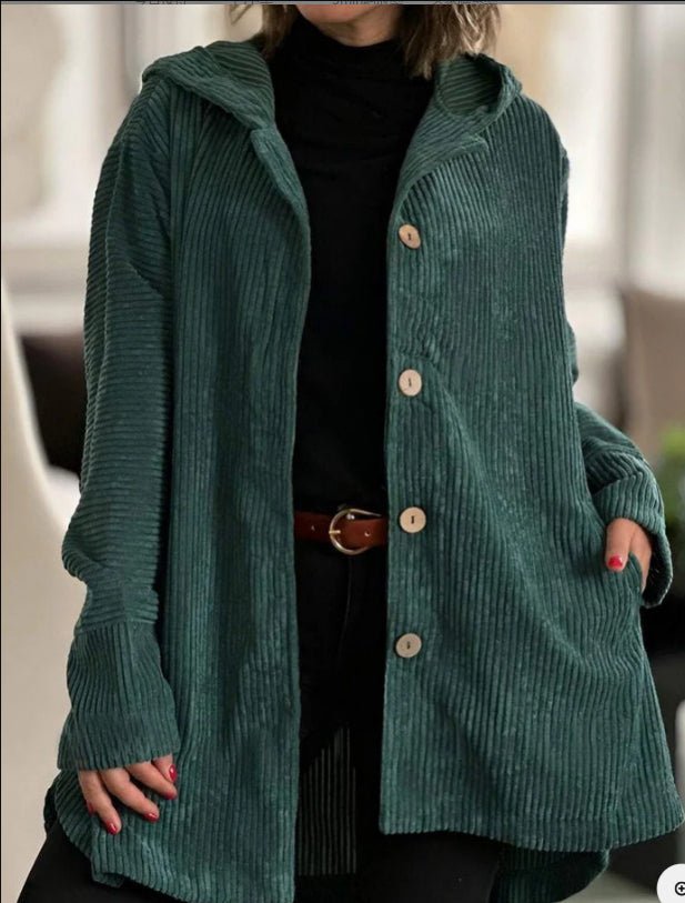 Giacca Donna in Velluto a Coste con Cappuccio Maglione Casual Media