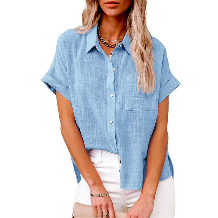 Camicia Donna Misto Lino Maniche Corte Casual Bottoni