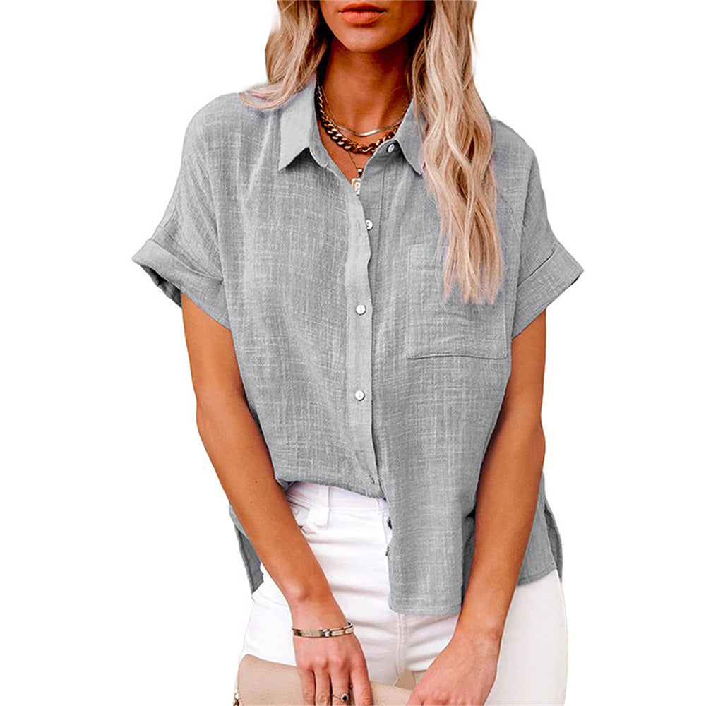 Camicia Donna Misto Lino Maniche Corte Casual Bottoni