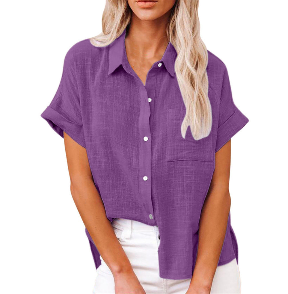 Camicia Donna Misto Lino Maniche Corte Casual Bottoni