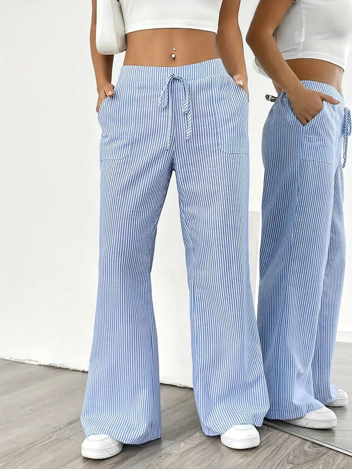 Pantaloni Donna Lino Leggeri Traspiranti Gamba Larga Tasche