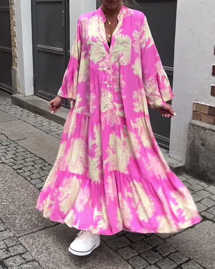 Abito Lungo Donna Stampato Maniche Arricciate Vestibilità Ampia
