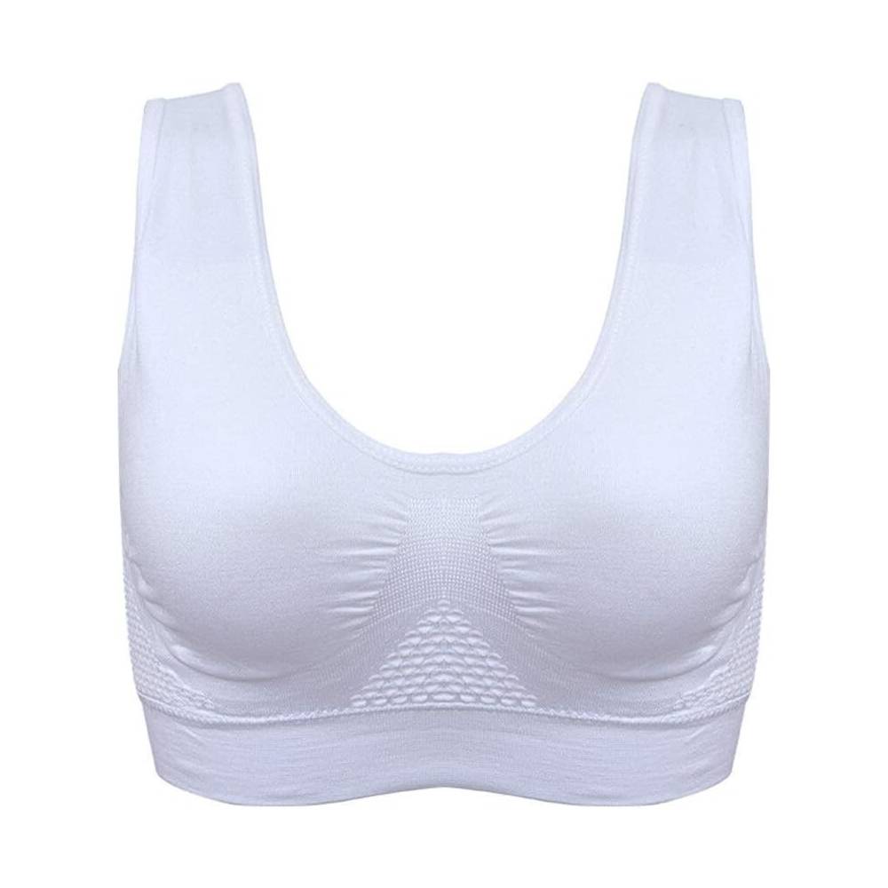 Reggiseno sportivo bianco senza cuciture, design a canotta, supporto confortevole, ideale per fitness e yoga. Materiale traspirante ed elastico.