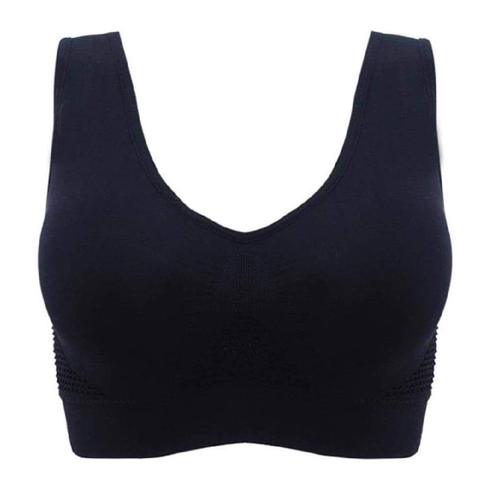 Reggiseno sportivo nero senza cuciture, design confortevole e supporto ottimale, ideale per attività fisica e uso quotidiano.