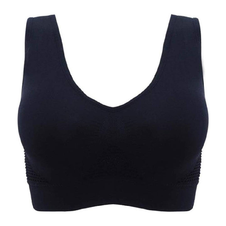 Reggiseno sportivo nero senza cuciture, design confortevole, supporto ottimale, ideale per attività fisica e uso quotidiano.