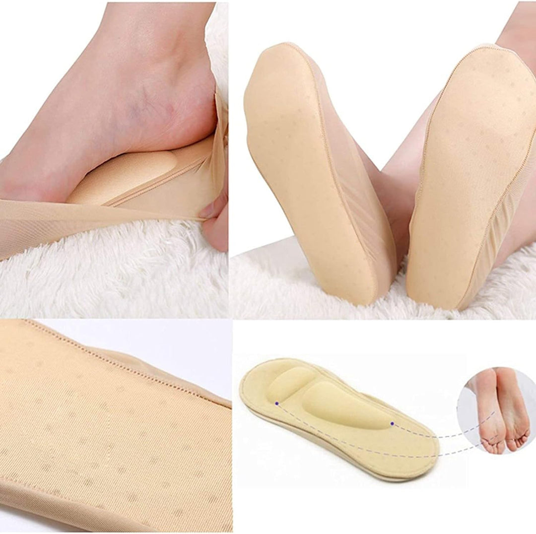 Calze antiscivolo beige per tallone, supporto plantare, comfort piedi, sollievo dal dolore, design ergonomico, ideale per uso quotidiano.