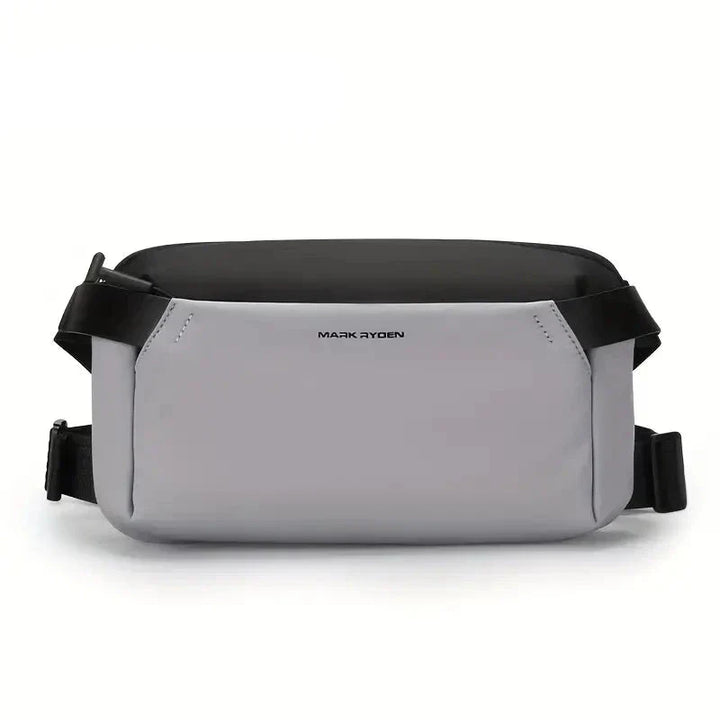 Marsupio unisex grigio e nero, design moderno, marchio Mak Rydon, ideale per viaggi e attività all'aperto, resistente e spazioso.