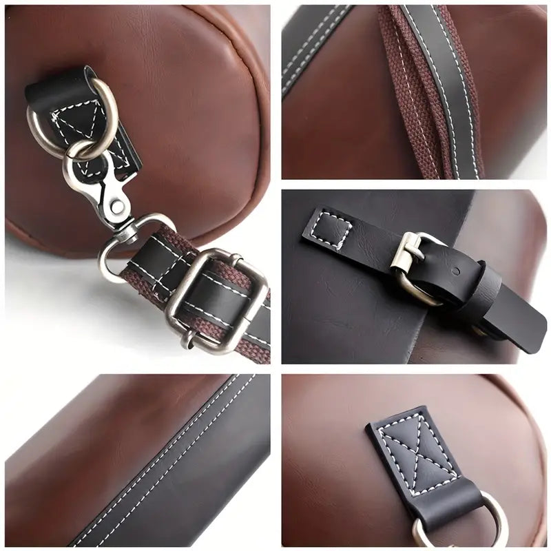 Borsa a tracolla in pelle marrone, dettagli di fibbie e cuciture rinforzate, design elegante e resistente, accessorio moda uomo e donna.