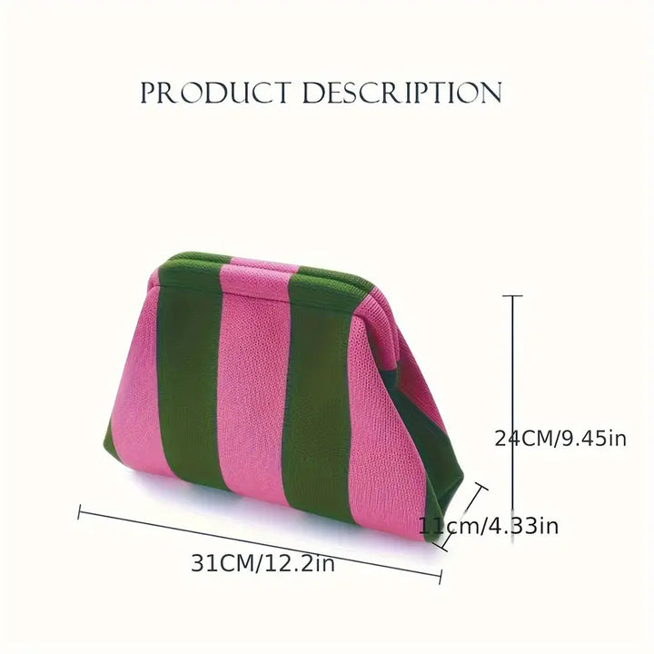Borsa a righe rosa e verde, dimensioni 31x24x11 cm, design moderno, accessorio moda elegante, perfetta per ogni occasione.
