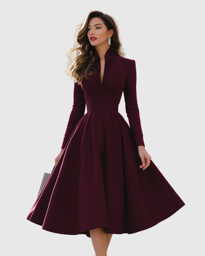 Abito Midi Donna Scollo a V Linea Femminile Scollatura Dettaglio - Vesarelli