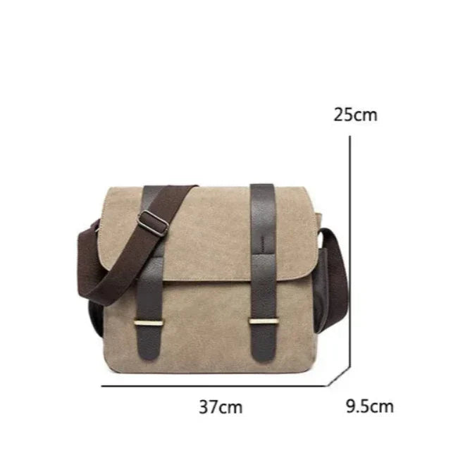 Borsa a tracolla in tela beige con cinturini marroni, dimensioni 37x25x9,5 cm. Design elegante e pratico per uomo e donna.
