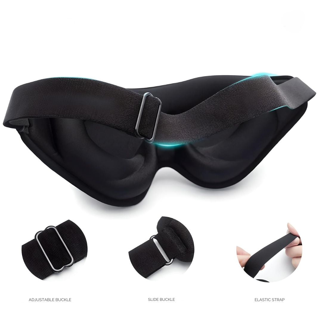 Maschera per dormire nera 3D con cinturino elastico regolabile, fibbia scorrevole e design ergonomico per comfort e blocco totale della luce.