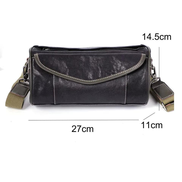 Borsa a tracolla in pelle nera, dimensioni 27x11x14.5 cm, con tracolla regolabile. Design elegante e pratico per uomo e donna.