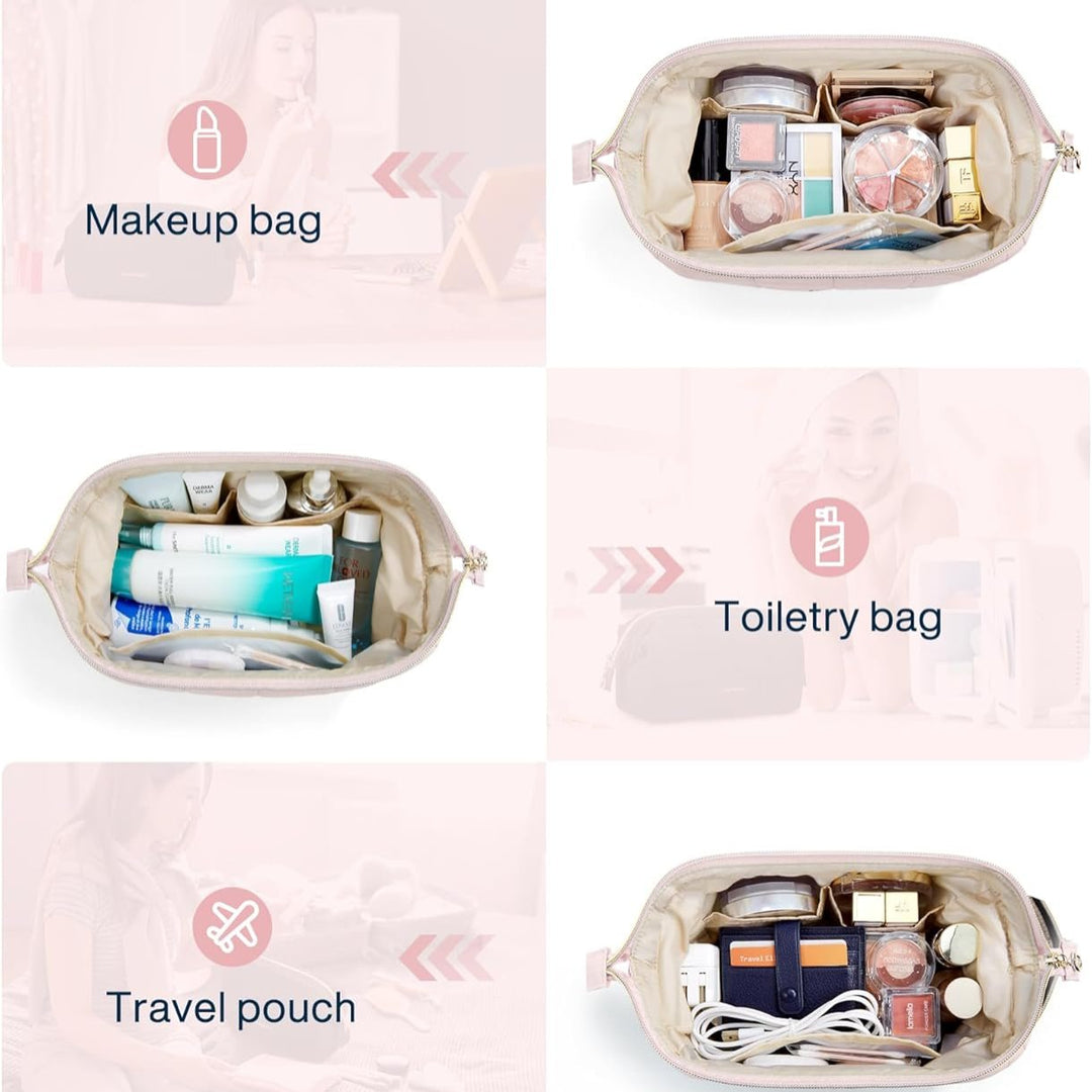 Borsa da trucco beige con scomparti, ideale per cosmetici, articoli da toeletta e accessori da viaggio. Organizzazione pratica e versatile.