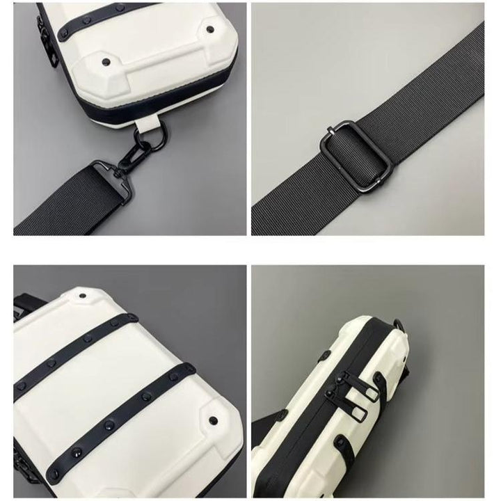 Borsa a tracolla impermeabile bianca, design robusto, cinturino regolabile nero, chiusure sicure. Ideale per viaggi e attività all'aperto.