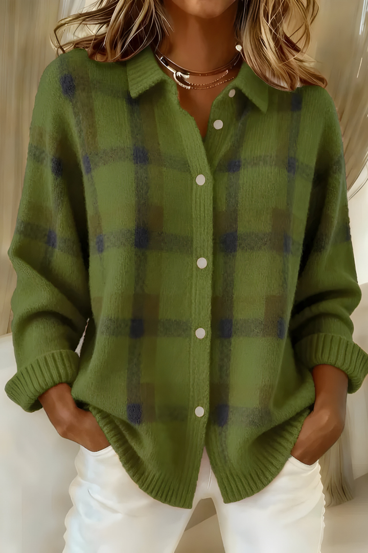 Cardigan Donna Maglia Morbida Quadri Vestibilità Comoda