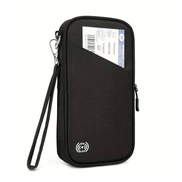 Custodia da viaggio nera con protezione RFID, tasca frontale per biglietti aerei, cinturino da polso e chiusura a zip. Accessorio viaggio sicuro.