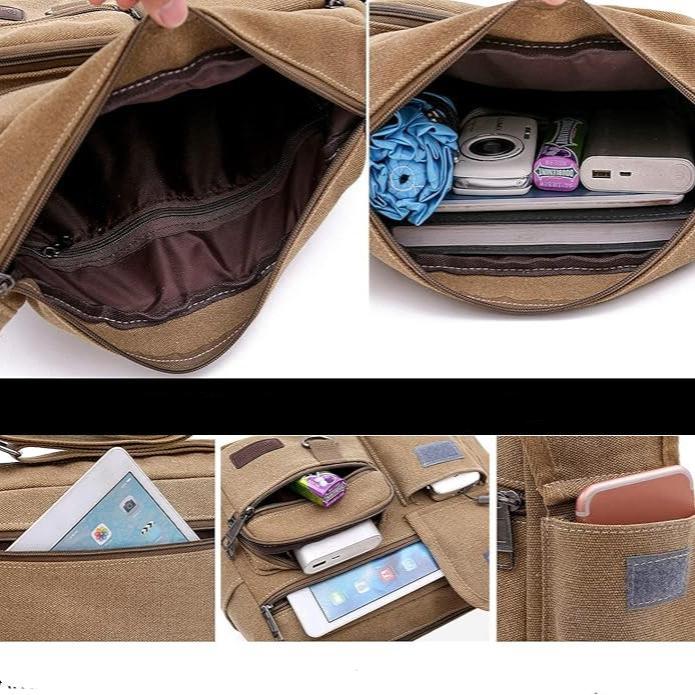 Borsa a tracolla in tela marrone con scomparti multipli, adatta per tablet, smartphone e accessori. Design pratico e spazioso per uso quotidiano.