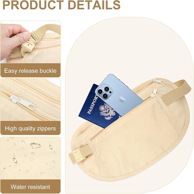 Marsupio beige con cerniere di alta qualità, fibbia a sgancio rapido, impermeabile, ideale per passaporto e smartphone. Accessorio da viaggio pratico.