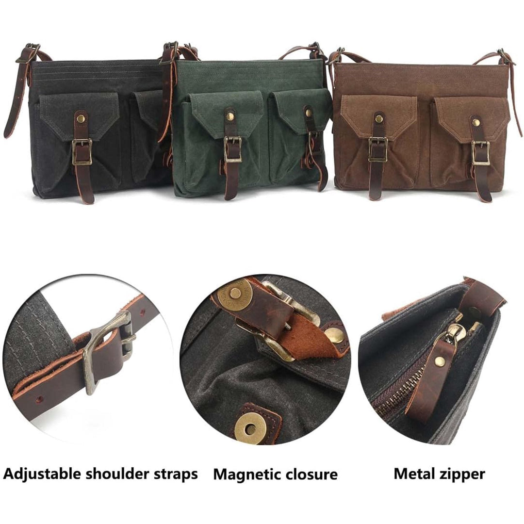 Borse a tracolla in tela vintage con chiusura magnetica, cerniera in metallo, cinturini regolabili, tasche frontali, disponibili in nero, verde e marrone.