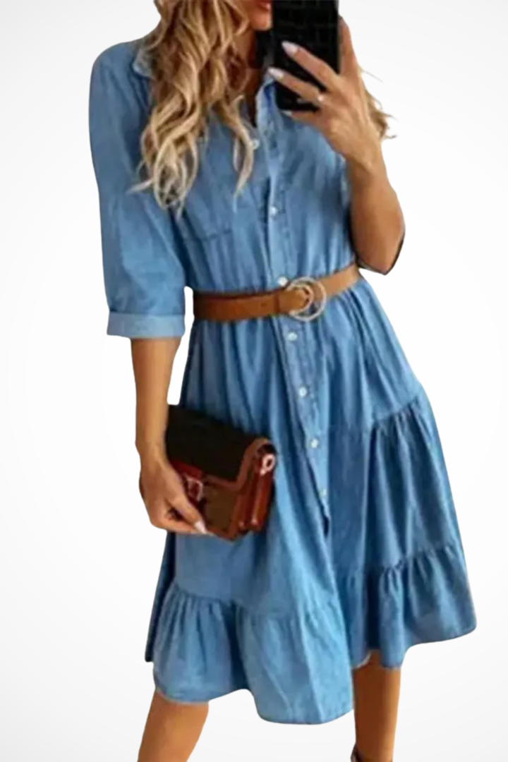 Abito Chemisier Donna in Denim Midi a Balze con Cintura Casual