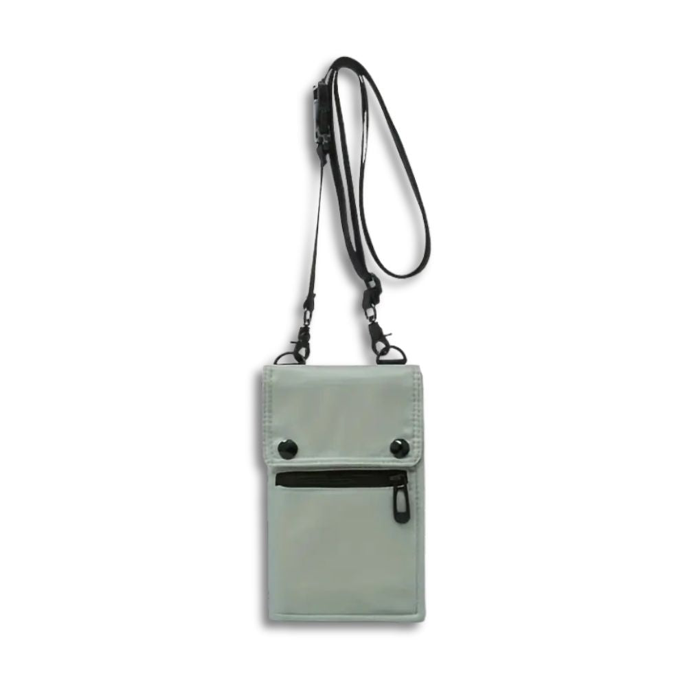 Borsa a tracolla grigia con tasca frontale con zip, design minimalista, ideale per smartphone e accessori. Accessorio moda unisex.