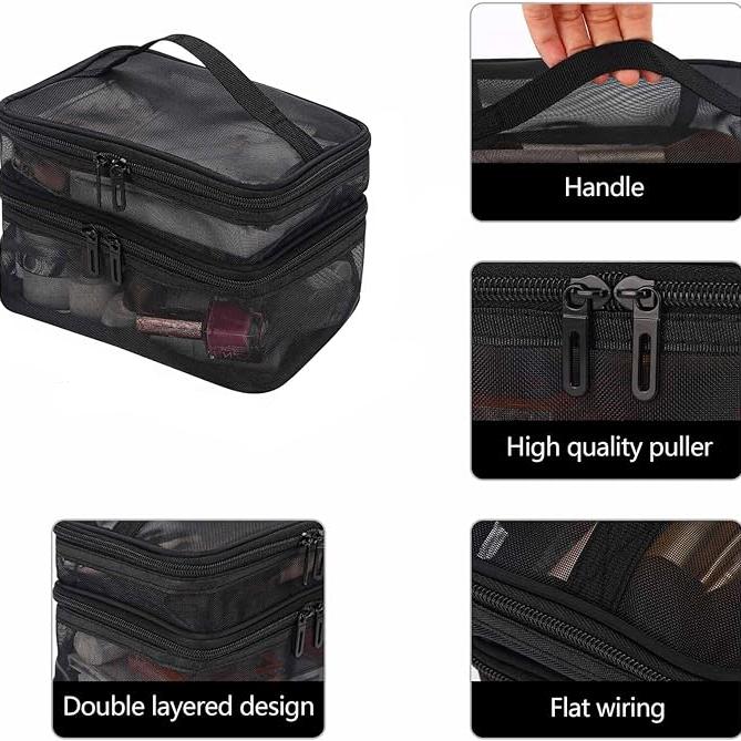 Borsa cosmetica nera a doppio strato con cerniera di alta qualità, manico resistente e design a filo piatto. Ideale per organizzare trucchi e accessori.