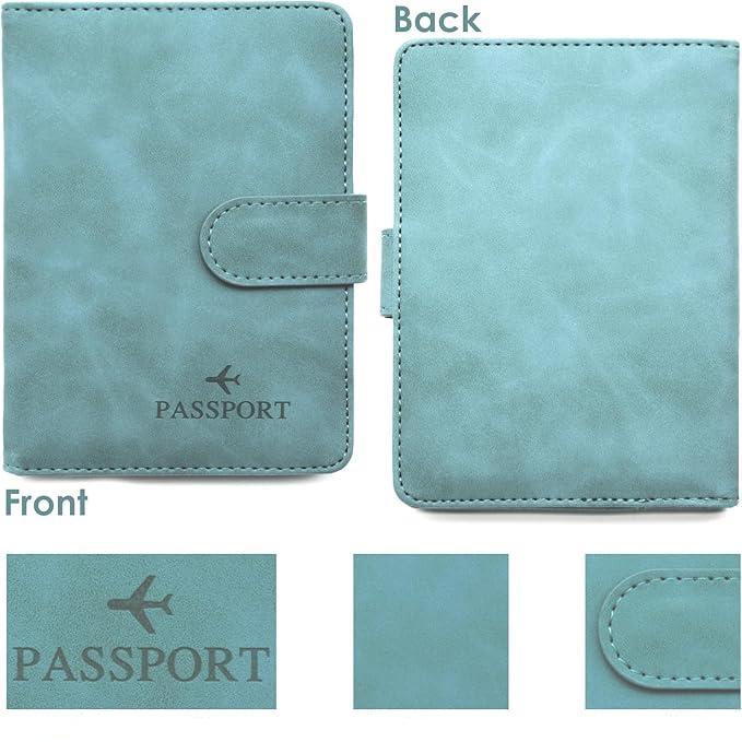 Custodia passaporto in pelle blu, design elegante con chiusura a bottone. Ideale per viaggi, protezione documenti, accessori viaggio.