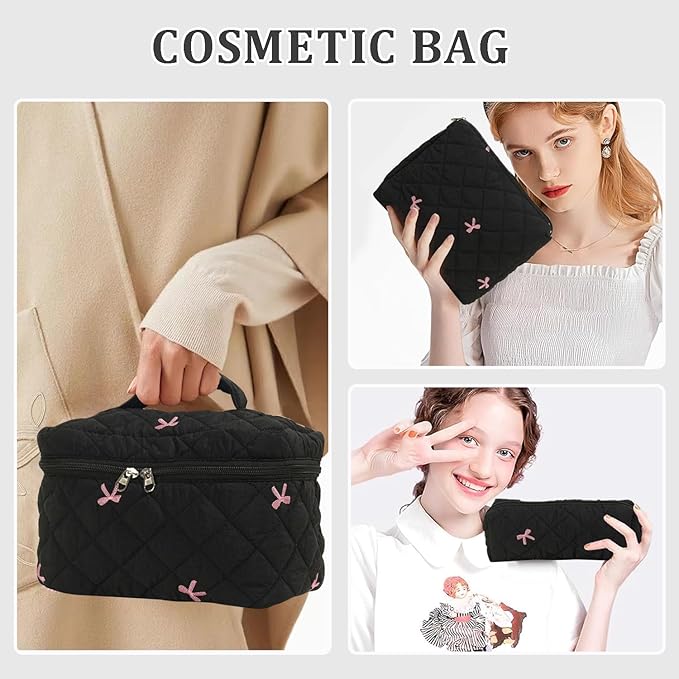 Borsa cosmetica nera trapuntata con cerniera, decorata con fiocchi rosa. Ideale per trucco, accessori viaggio. Donna che la tiene in mano.