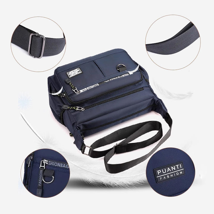 Zaino moda blu con cerniere multiple, tracolla regolabile, dettagli in metallo e logo "PUANTI FASHION". Design pratico e moderno per viaggi.
