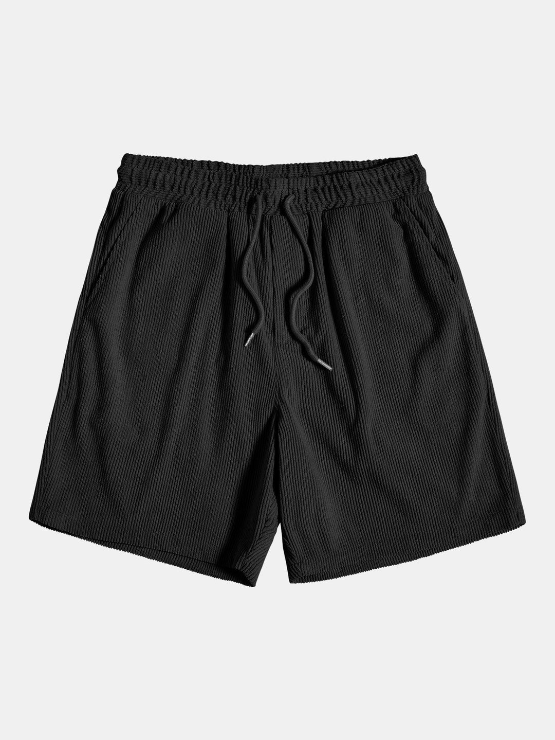 Pantaloncini neri a coste da uomo con elastico in vita e laccetti, tasche laterali. Abbigliamento casual estivo, moda maschile.