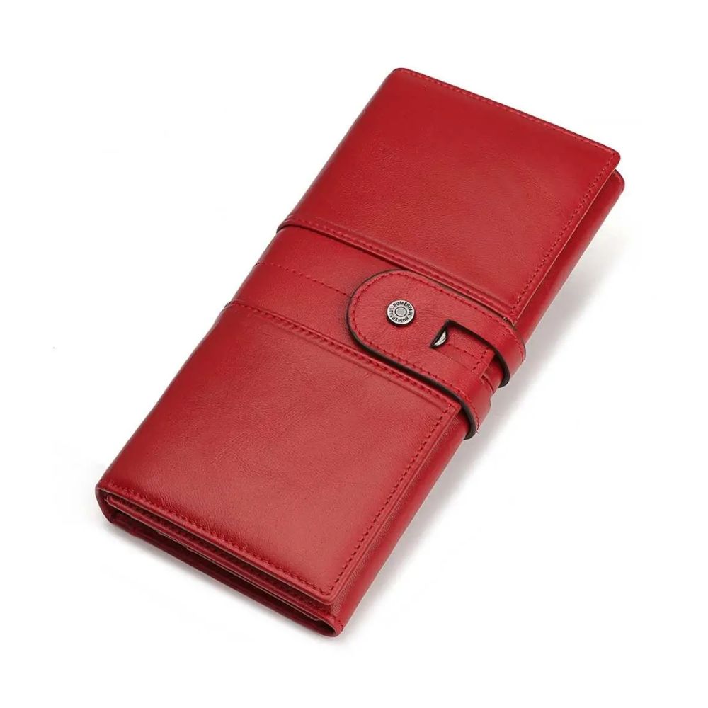 Portafoglio donna in pelle rossa, design elegante con chiusura a bottone. Accessorio moda, alta qualità, ideale per organizzare carte e contanti.