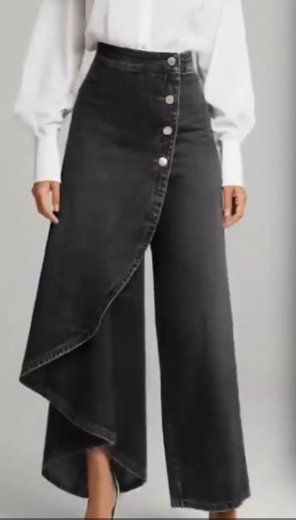 Pantaloni Donna Finto Denim Gamba Dritta Bottoni Arricciati