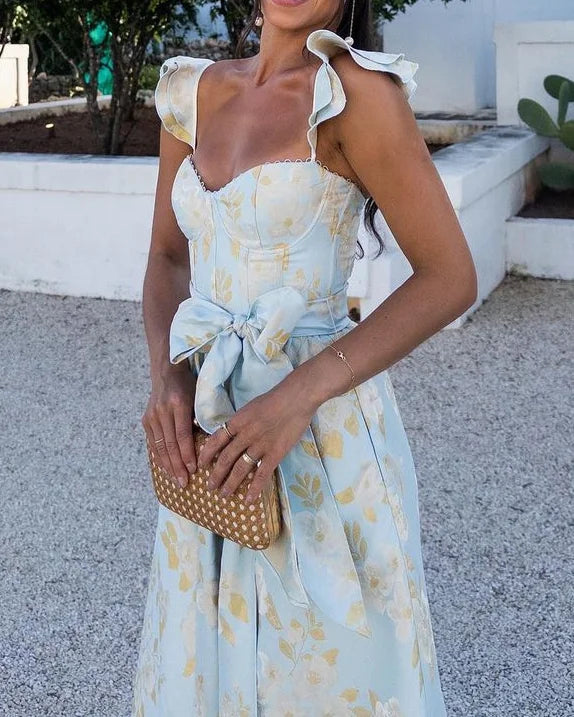 Abito Midi Donna con Fiocco e Spalline Arricciate
