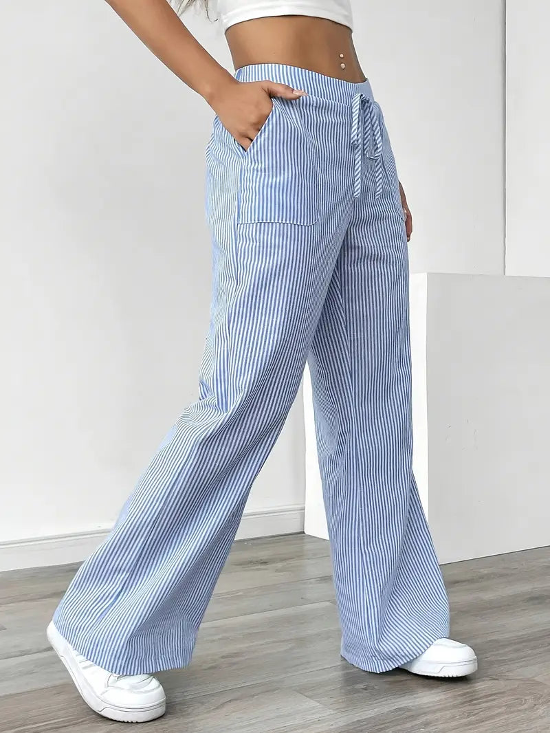 Pantaloni Donna Lino Leggeri Traspiranti Gamba Larga Tasche