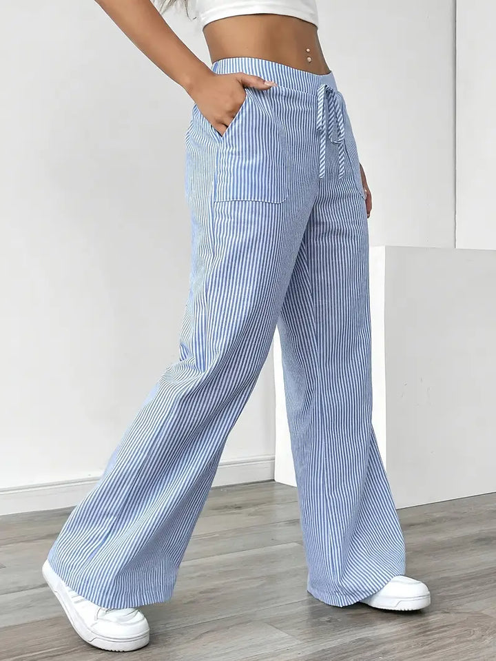 Pantaloni Donna Lino Leggeri Traspiranti Gamba Larga Tasche