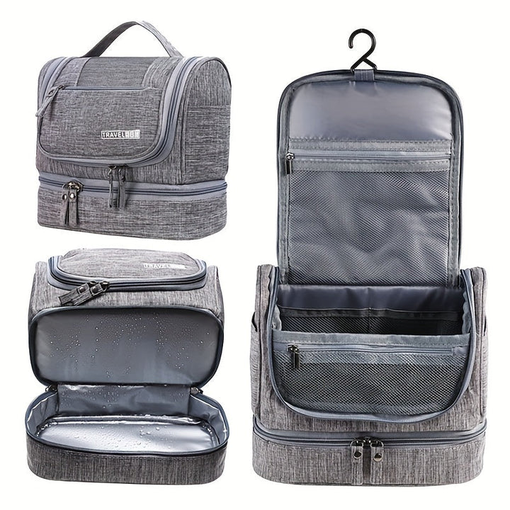 Borsa da toilette grigia con gancio, scomparti multipli, impermeabile, ideale per viaggi. Design compatto e pratico per organizzare accessori bagno.