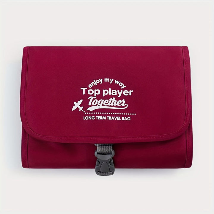 Borsa da viaggio rossa con scritta "Top player Together", chiusura a fibbia, ideale per viaggi a lungo termine. Accessorio pratico e resistente.