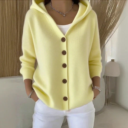 Gilet Donna in Maglia con Cappuccio Bottoni Frontali