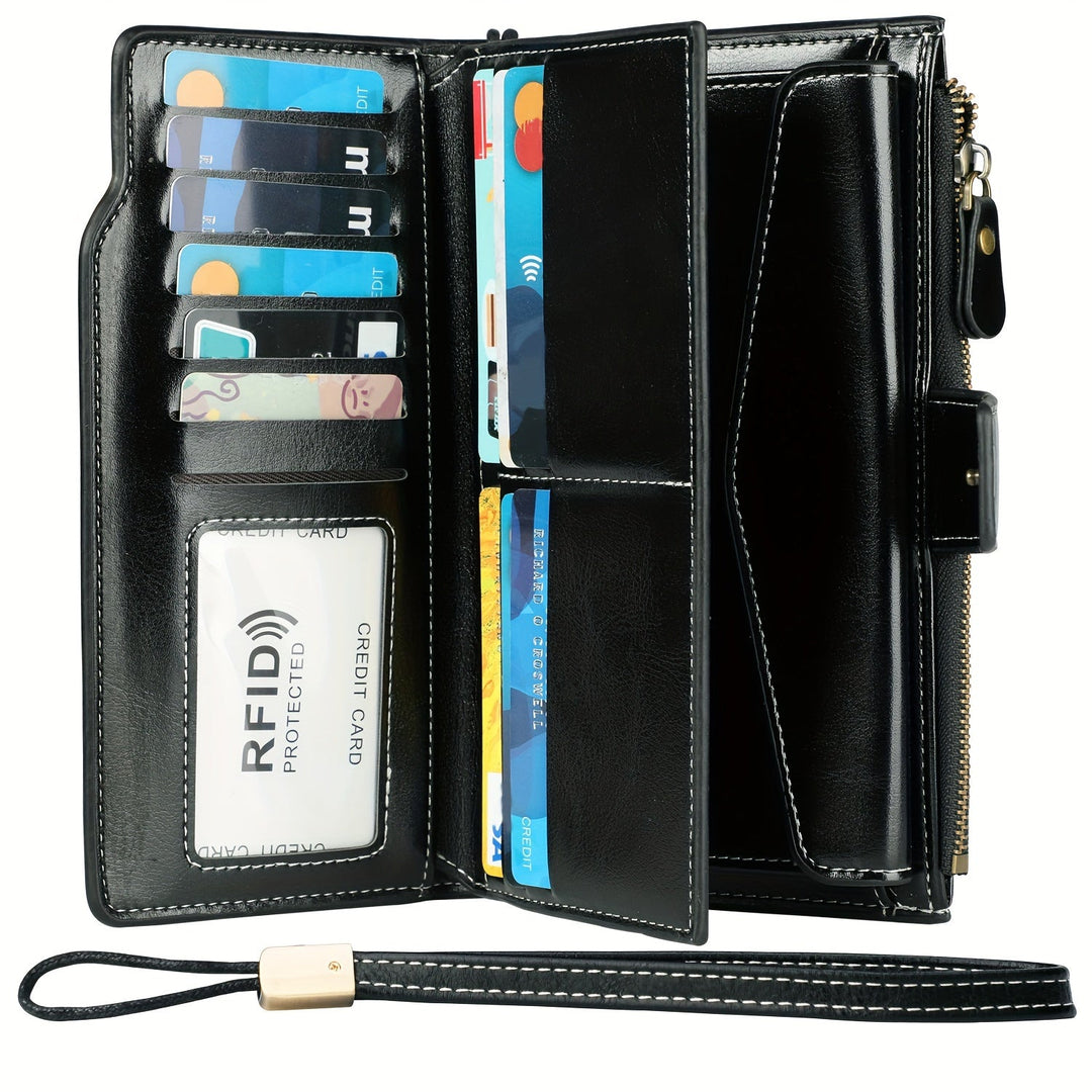 Portafoglio donna in pelle nera con protezione RFID, scomparti per carte di credito, tasca con zip, cinturino da polso. Elegante e sicuro.