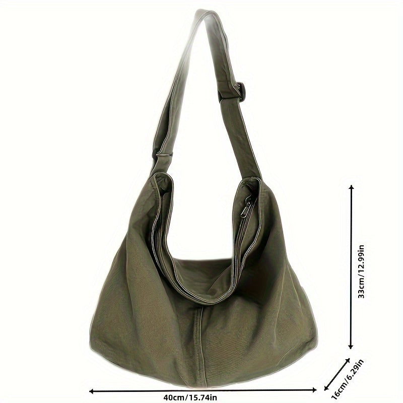 Borsa a tracolla verde oliva in tela, dimensioni 40x33x16 cm, design casual e spazioso, ideale per uso quotidiano e shopping.