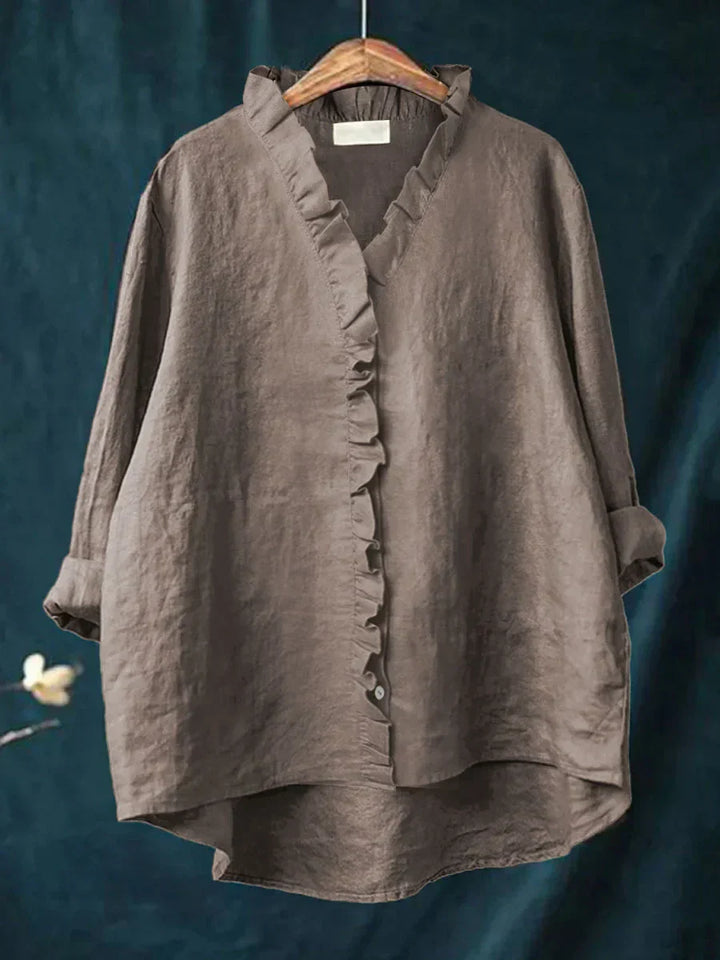 Camicia Donna in Lino Cotone con Volant e Bottoni Manica Corta