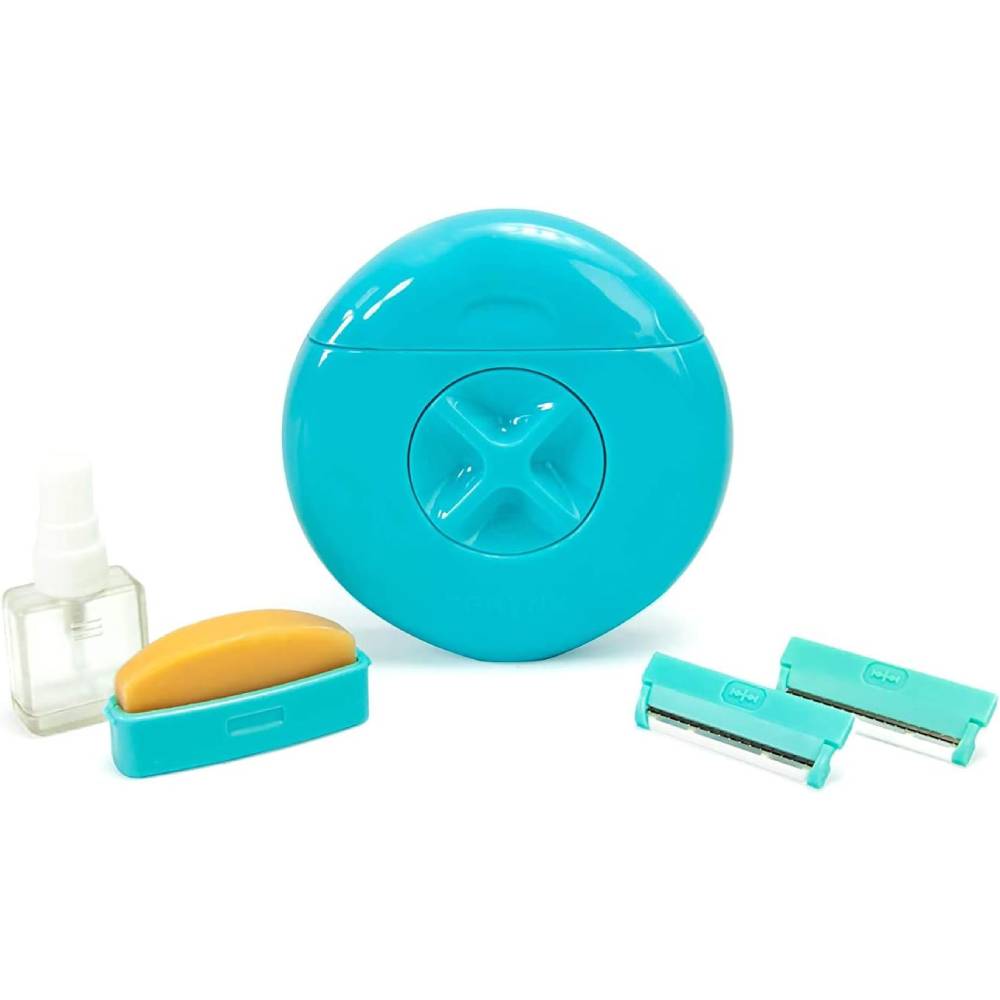 Set da viaggio per rasatura donna, include rasoio compatto turchese, due testine di ricambio, sapone e flacone spray. Ideale per pelle liscia ovunque.